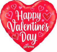 Prima foil balloon in heart shape with whimsical hearts design, 18-inch size, perfect for celebrations.