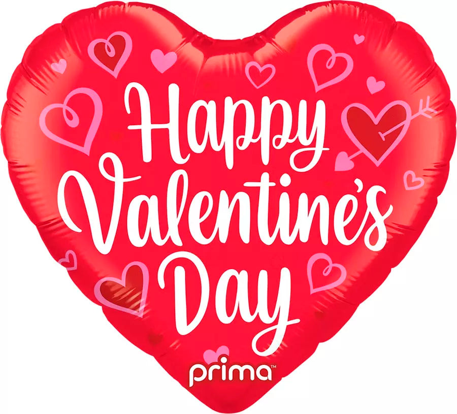 Prima foil balloon in heart shape with whimsical hearts design, 18-inch size, perfect for celebrations.