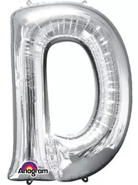 Silver 34-inch Anagram foil balloon in the shape of the letter D, shiny and reflective, perfect for celebration decorations.