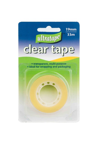 Clear Ultratape tape rolls measuring 19mm by 33 meters, shown with the tape partially unrolled and ready for use.