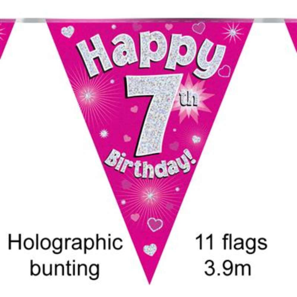 Bunting 11 Flags Pink Holographic Birthday Age 7
