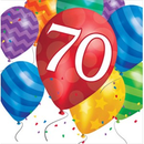 Set of 16 70th birthday balloon blast themed luncheon napkins by Special Products, featuring colorful birthday graphics.