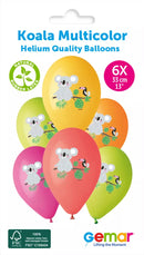 Six Gemar multicolour 13-inch latex printed balloons featuring koala designs, perfect for festive celebrations.