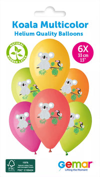 Six Gemar multicolour 13-inch latex printed balloons featuring koala designs, perfect for festive celebrations.