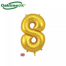Gold Oaktree foil balloon in the shape of the number 8, measuring 34 inches, designed for celebrations and party decor.