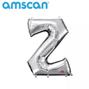 Silver 16-inch Anagram foil balloon in the shape of the letter Z, perfect for celebrations and decorative displays.