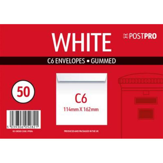Post Pro Gummed Envelopes C6 114x162mm 50pk