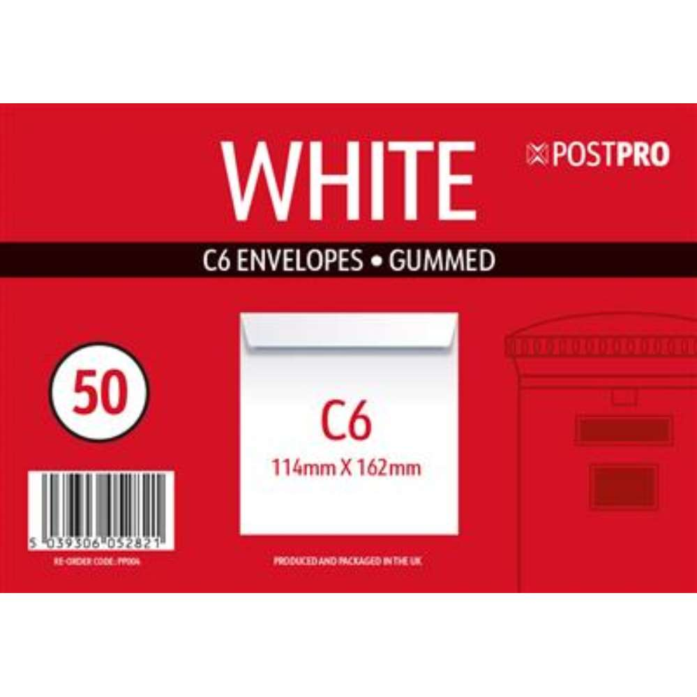 Post Pro Gummed Envelopes C6 114x162mm 50pk