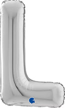 Silver Grabo foil balloon in the shape of the letter L, measuring 26 inches tall, with a shiny metallic finish.