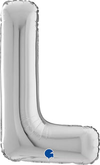 Silver Grabo foil balloon in the shape of the letter L, measuring 26 inches tall, with a shiny metallic finish.