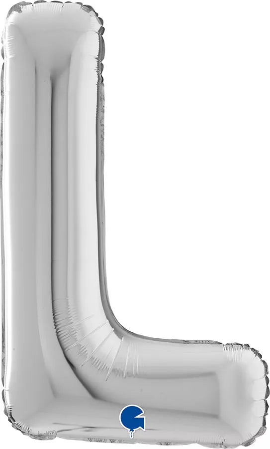 Silver Grabo foil balloon in the shape of the letter L, measuring 26 inches tall, with a shiny metallic finish.