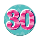 Six small Tiger Feet birthday badges with the number 30, featuring colorful designs and fun age celebration graphics.