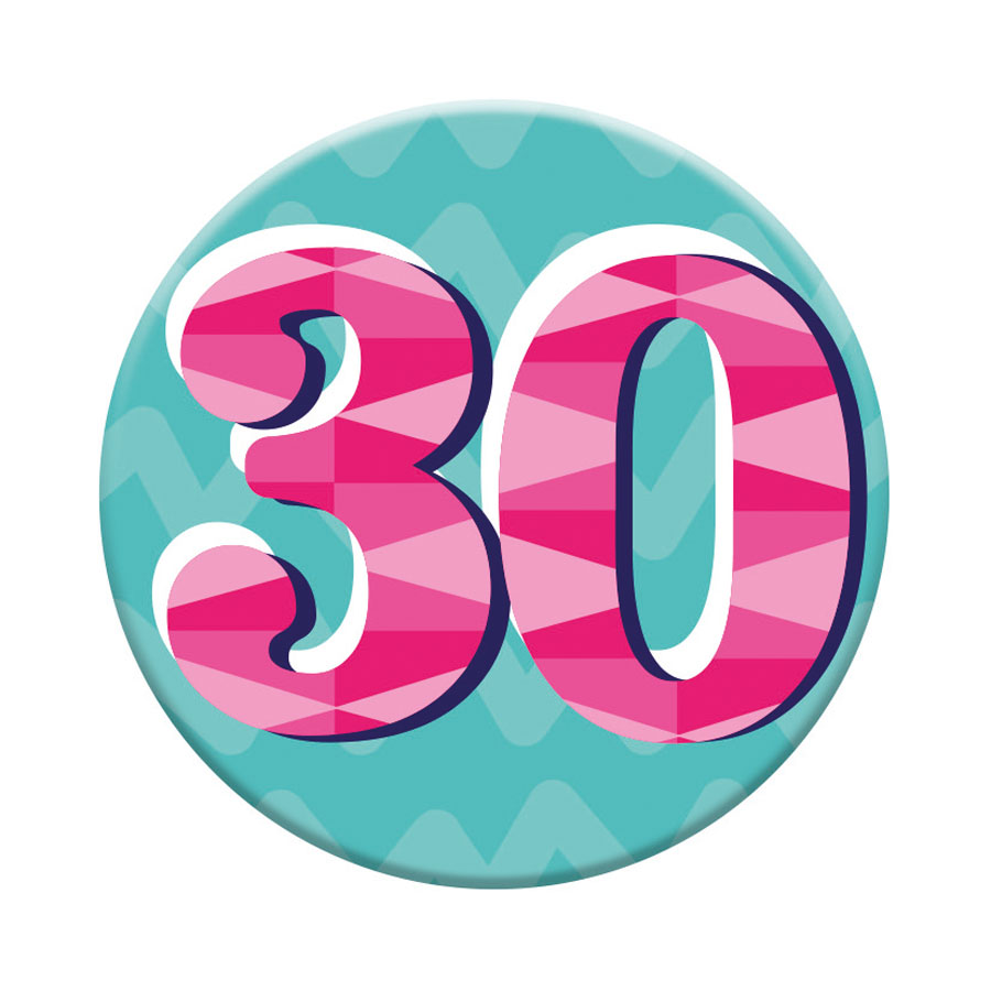 Six small Tiger Feet birthday badges with the number 30, featuring colorful designs and fun age celebration graphics.