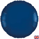 Oaktree navy blue round 18-inch foil balloon inflated and floating, shiny metallic surface with a smooth, reflective finish.