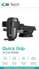 Vibe Centre Quick Grip Phone Holder attached to a car dashboard, showcasing secure phone mounting for electronics.