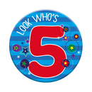 Six small Tiger Feet birthday badges celebrating age 5, featuring colorful designs and fun graphics for kids' birthday parties.