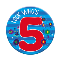 Six small Tiger Feet birthday badges celebrating age 5, featuring colorful designs and fun graphics for kids' birthday parties.
