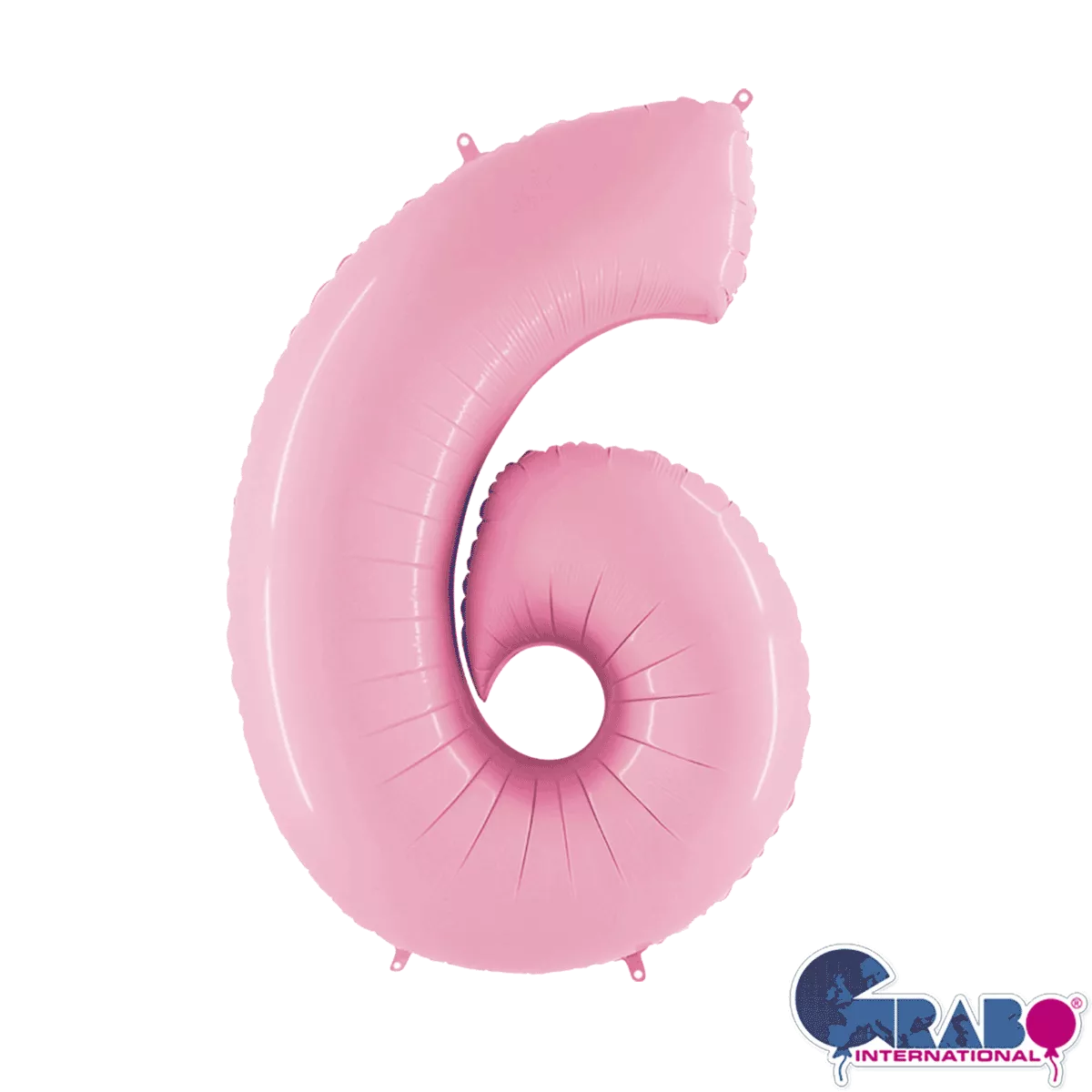 Pastel pink Grabo foil balloon shaped as the number 6, measuring 26 inches, with shiny metallic surface and festive appearance.