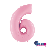 Pastel pink Grabo foil balloon shaped as the number 6, measuring 26 inches, with shiny metallic surface and festive appearance.