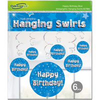 Blue Holographic Happy Birthday Hanging Swirls 6pk