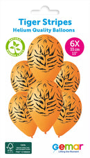 Six Gemar Tiger Stripes 13-inch printed latex balloons in orange and black tiger stripe pattern, ready for celebration decor.