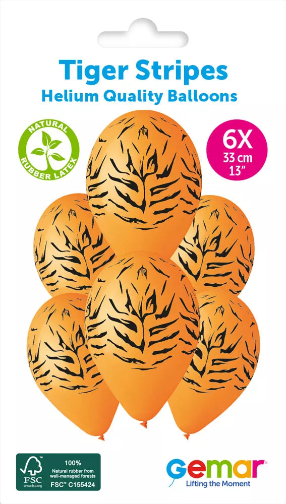 Six Gemar Tiger Stripes 13-inch printed latex balloons in orange and black tiger stripe pattern, ready for celebration decor.