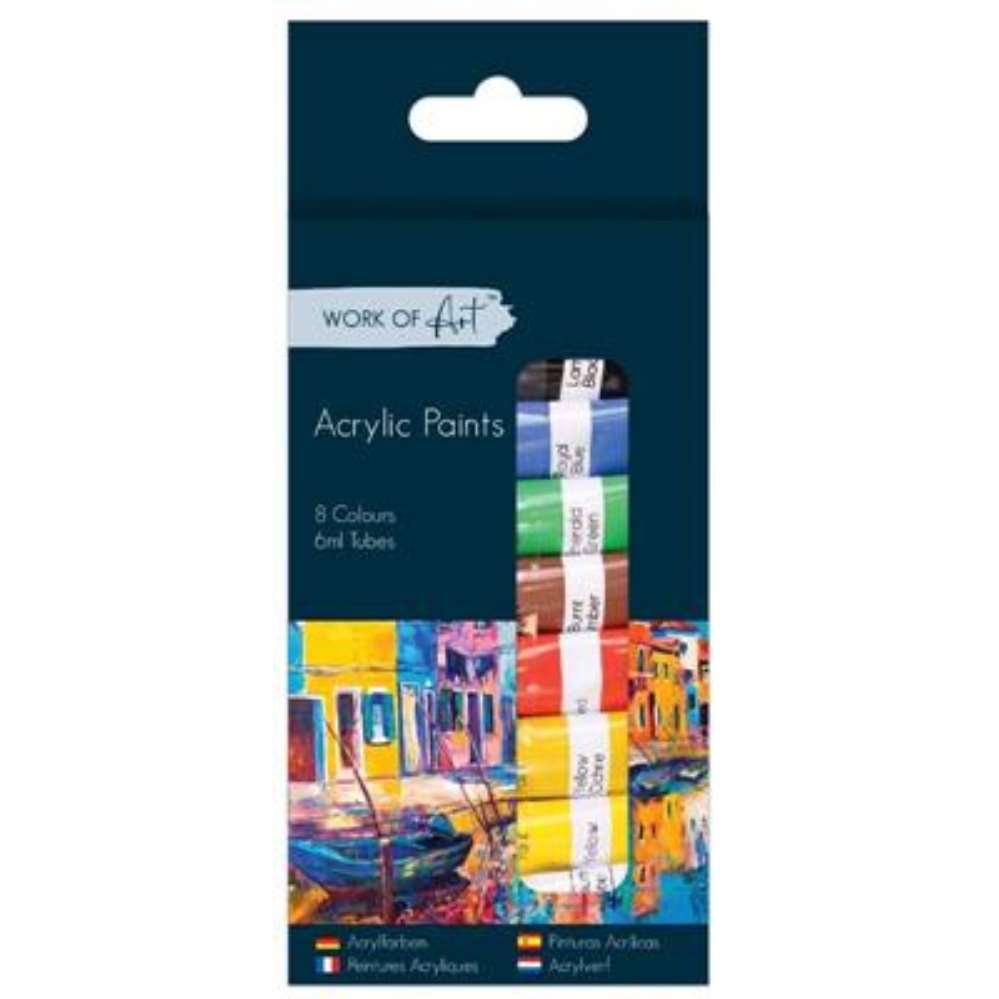 Set of 8 Tallon acrylic paint tubes, 12ml each, displayed with paint brushes and colorful paint inside transparent tubes.