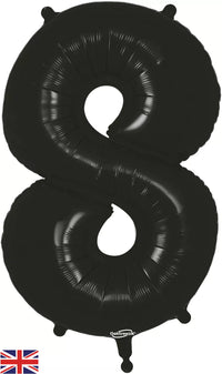 Oaktree black foil balloon shaped as the number 8, 34 inches tall, with shiny metallic finish and printed details.