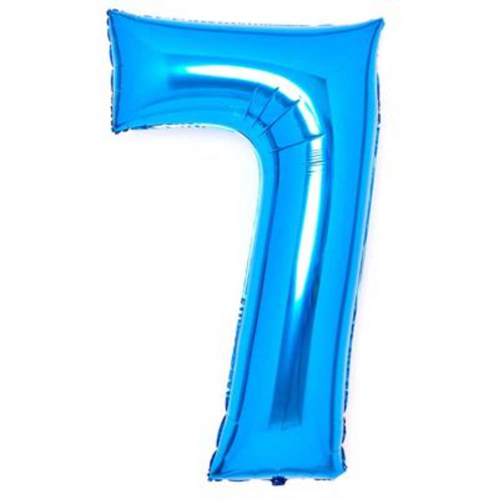 Blue 34-inch Anagram foil balloon shaped as the number 7, shiny and reflective, suitable for celebrations and decorations.