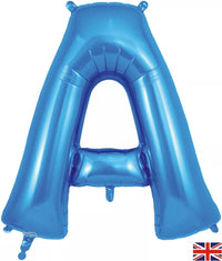 Oaktree blue foil balloon shaped as the letter A, 34 inches tall, with shiny metallic finish and festive appearance.