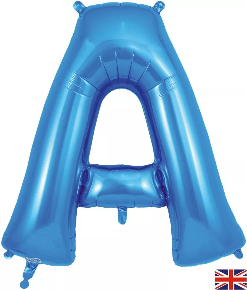 Oaktree blue foil balloon shaped as the letter A, 34 inches tall, with shiny metallic finish and festive appearance.