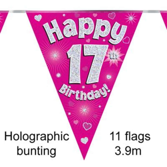 Bunting 11 Flags Pink Holographic Birthday Age 17