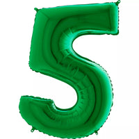Green Grabo foil balloon shaped as number 5, 40 inches tall, with shiny metallic surface and festive design.
