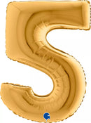 Gold Grabo foil balloon shaped as the number 5, measuring 40 inches, with shiny metallic finish and festive design.
