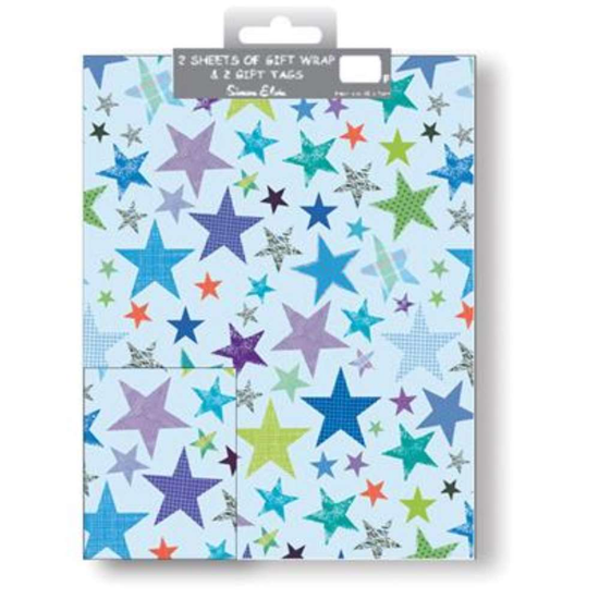 12pk Folded Wrap & Tags Stars Blue