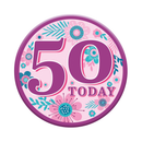 Six small Tiger Feet birthday badges displaying the number 50 for age celebration, featuring colorful designs.