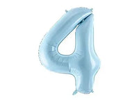 PartyDeco blue foil balloon shaped as the number 4, 34 inches tall, with shiny metallic surface and colorful confetti pattern.
