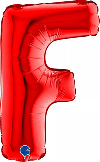 Red Grabo foil balloon in the shape of the letter F, 14 inches tall, shiny and metallic for celebrations and decorations.