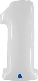 Shiny white 40-inch Grabo foil balloon shaped as the number 1, reflecting light with a smooth metallic finish.