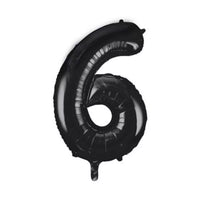 Black 34-inch Unique foil balloon shaped as the number 6, shiny metallic finish, floating against a neutral background.