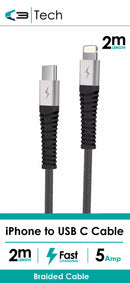 Braided Vibe Centre iPhone to USB C cable, 2m length, durable design with braided exterior for charging and data transfer.