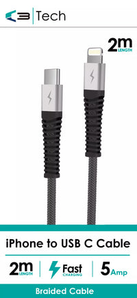Braided Vibe Centre iPhone to USB C cable, 2m length, durable design with braided exterior for charging and data transfer.