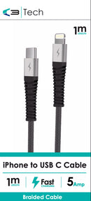 Vibe Centre braided iPhone to Type C charging cable with durable design and reinforced connectors for reliable charging and data transfer