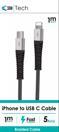 Vibe Centre braided iPhone to Type C charging cable with durable design and reinforced connectors for reliable charging and data transfer