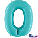 Pastel blue Grabo foil balloon in the shape of number 0, measuring 40 inches, with shiny metallic surface and printed branding.