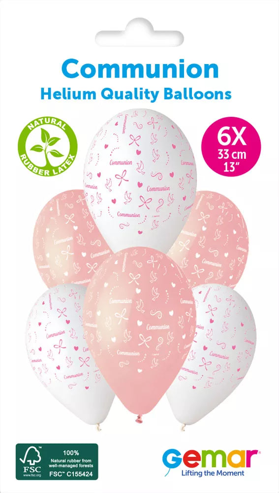 Six Gemar Communion Girl 13-inch latex printed balloons, colorful and decorative for celebration events.