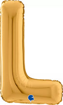 Gold Grabo foil balloon in 26-inch letter L shape, shiny metallic finish, floating against a plain background.