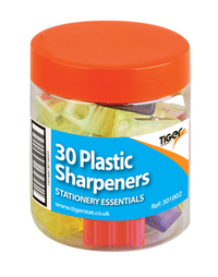 Tiger Stationery 30-pack pencil sharpeners with colorful plastic bodies and metal blades, designed for school and office use.