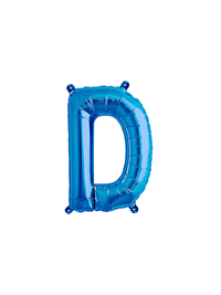 Blue Qualatex foil balloon in the shape of a 16-inch letter D, shiny metallic surface, perfect for celebrations and decorations.