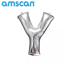 Silver 16-inch Anagram foil balloon shaped as the letter Y, a shiny metallic balloon perfect for celebrations and decorations.